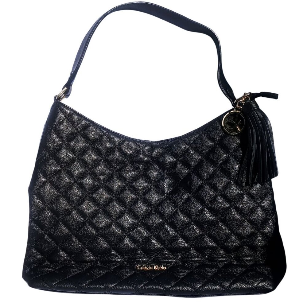 CK Calvin Klein Bag Black Quilted Shoulder Bag Leather Handbag Purse Medium Size